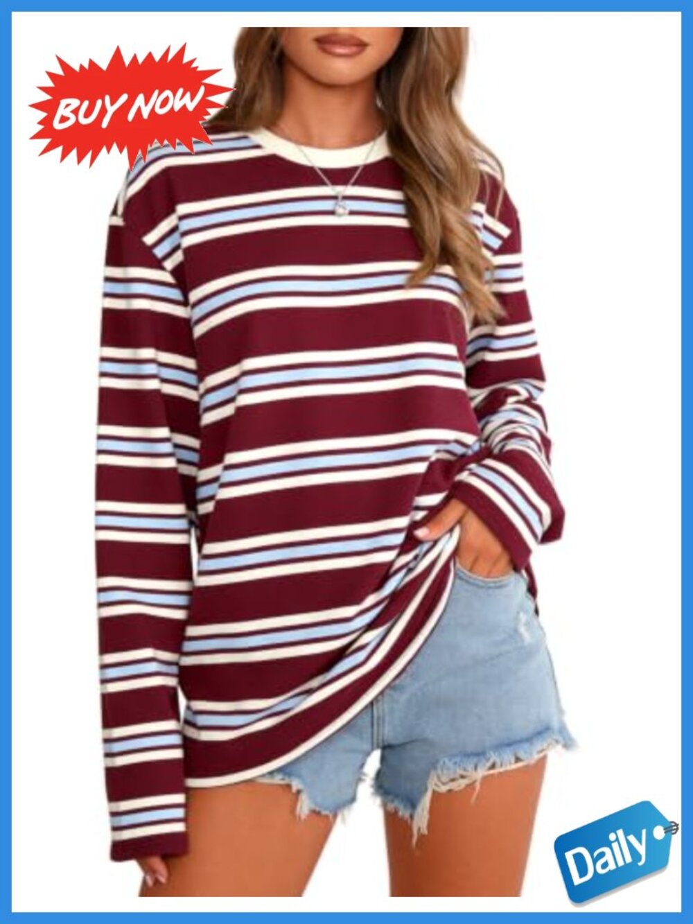Womens Striped Long Sleeve Crewneck Color Block Pullover Top
